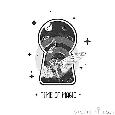 Magic witchcraft keyhole silhouette with butterfly on outer space background. Vector Illustration