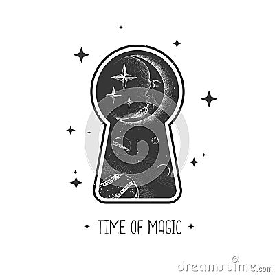 Magic witchcraft keyhole silhouette with crescent moon on outer space background. Vector Illustration