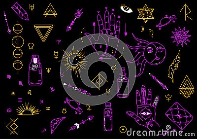 Magic and witchcraft symbols.Indian astrology and palmistry signs.Planets,moon phases and geometric runes in doodle style. Stock Photo