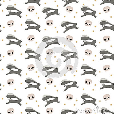 Magic, witchcraft. Vector seamless pattern in a hand-drawn, Doodle style. Hares and skulls. Vector Illustration