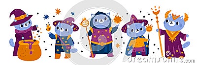 Magic wizard characters. Funny kitten sorcerers in capes and hats. Conjuring or brewing potions. Halloween cats in Vector Illustration