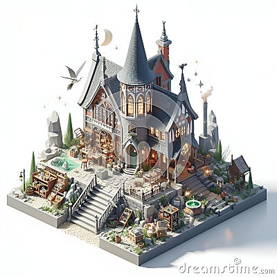 A magic wizards house, vray rendering, 3D render, monomer buildimg, realistic style, games design Stock Photo