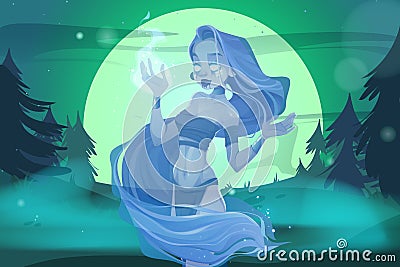 Magic woman ghost in night forest, creepy nymph Cartoon Illustration