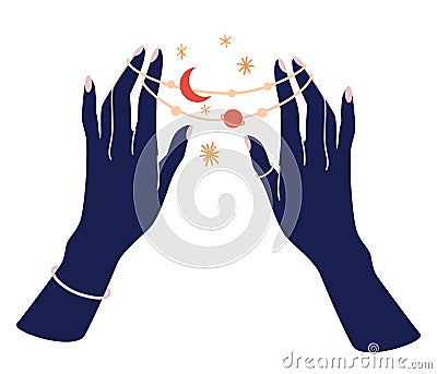 Magic woman hands with moon phases. Alchemy esoteric mystical magic celestial talisman with woman hand. Spiritual occultism object Vector Illustration