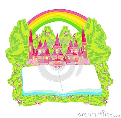 Magic world of tales, fairy castle appearing from the book - frame Vector Illustration