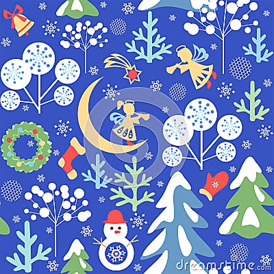 Magic Xmas blue wallpaper with seamless paper cutting pattern with snowy firs and trees, little angels and snowman, crescent, Chri Vector Illustration