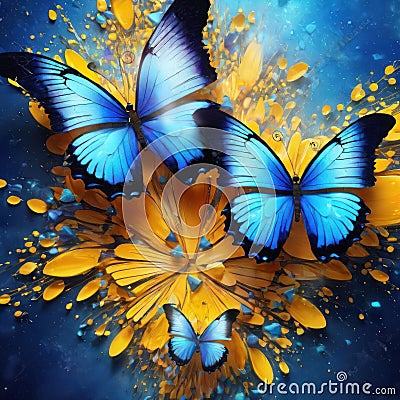 magical abstract background with small colorful splashes of paint with butterfly and flowers, space for text Stock Photo