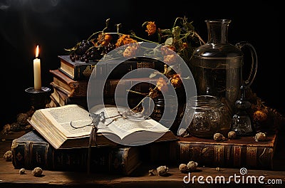 Magical Ancient Books on an Antique Table with Candles extreme closeup. Generative AI Stock Photo