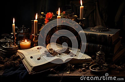Magical Ancient Books on an Antique Table with Candles extreme closeup. Generative AI Stock Photo