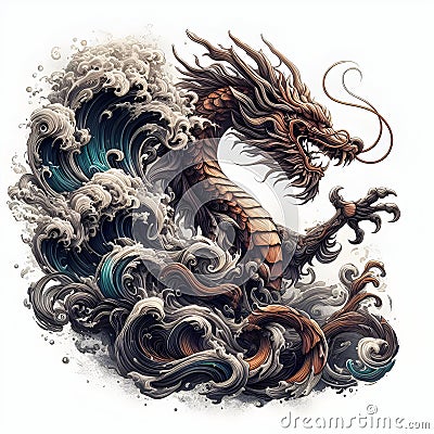 A magical animal of charming dragon with wood element in the spalsh art of waves and smokes, design, art, white background Stock Photo