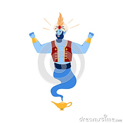 Magical arab genie living in lamp fulfills wishes, works miracles and magic. Vector Illustration