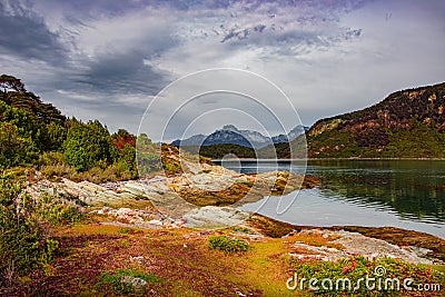 Magical austral Magellanic subpolar forests and turquoise lagoon Stock Photo