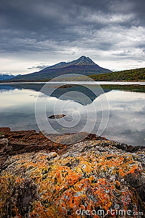 Magical austral Magellanic subpolar forests and turquoise lagoons in Tierra del Fuego National Park, Beagle Channel, Patagonia, Stock Photo