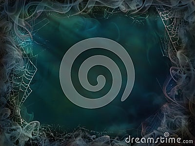 Magical background smoke and spider web for Halloween green blue light wall Stock Photo