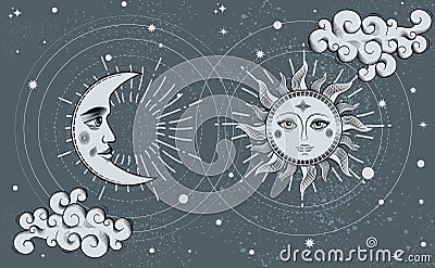 Magical banner for astrology, Sun and a crescent moon on dark cosmic background Celestial alchemy, Vector Illustration