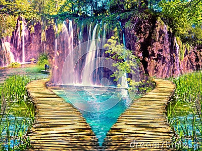 Magical beautiful inspiring scenic landscape with waterfalls and a bridge in the form of a heart. Valentine`s Day, February 14 - Stock Photo