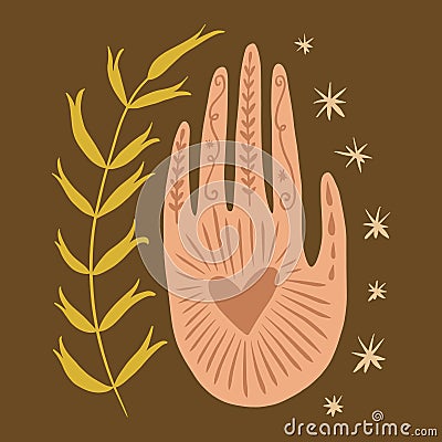 Magical boho hand art mystical Reiki meditation witchcraft sacred symbol vector Vector Illustration