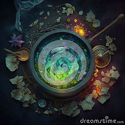 Magical boiling witch poison with blue, purple and green cubes in colorful liquid. Top view on iron pot with fluid Stock Photo