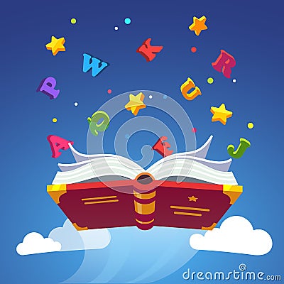 Magical book flying scattering alphabet letters Vector Illustration