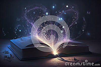 a magical book with a glowing light that indicates there is still some magic left in it. Stock Photo