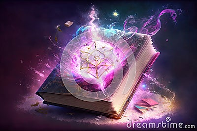 Magical book with glowing lights over pages on abstract background. Fantasy reading. Created with Generative AI Stock Photo