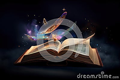 magical book, with its pages full of spells and enchantments, floating in the air Stock Photo