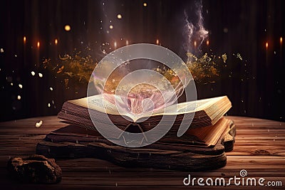 magical book, with its pages full of spells and enchantments, floating in the air Stock Photo