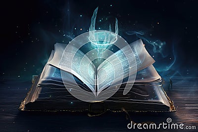 magical book, with its pages full of spells and enchantments, floating in the air Stock Photo