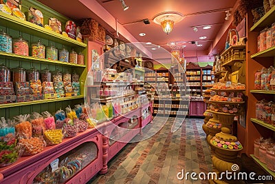 magical candy shop with shelves of colorful treats, whimsical displays, and a sprinkle of magic Stock Photo
