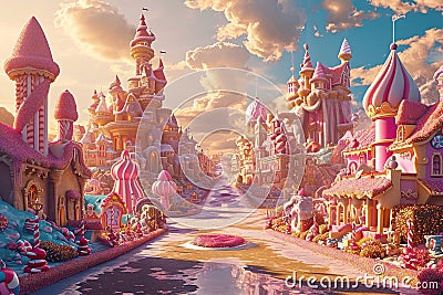 A magical castle at sunrise, buildings are made of candy and streets are paved with gold Stock Photo