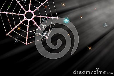 Magical Christmas spider decoration. Icy web in sparkling moonlit night sky. Stock Photo