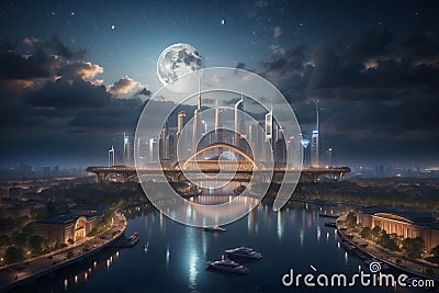 Moonlit Marvel: Mythical Floating City - City Arch Stock Photo