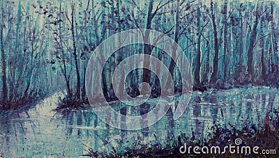 Magical creek. River in mystical forest. Impasto artwork. Stock Photo