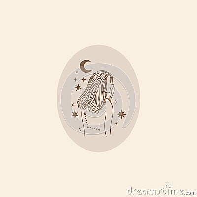 Magical cute space moonchild girl concept. Space starry magic boho art Vector Illustration