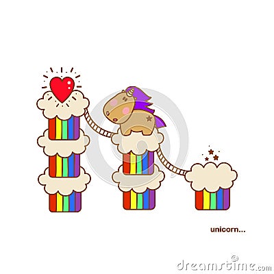 Magical cute unicorn on rainbows with stars and clouds, goes for the heart . Vector Illustration