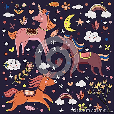 Magical Cute Unicorns in Dark Background Vector Illustration