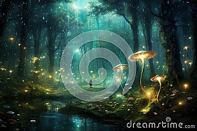 Magical dark fairy tale forest at night with glowing lights and mushrooms. Fantasy wonderland landscape with mushrooms. Amazing Stock Photo