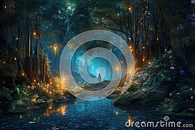 Magical dark fairy tale forest at night with glowing lights and mushrooms. Fantasy wonderland landscape with mushrooms. Amazing Stock Photo