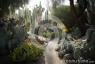 magical desert garden, filled with cacti, succulents, and other hardy flora Stock Photo