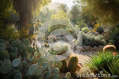 magical desert garden, filled with cacti, succulents, and other hardy flora Stock Photo