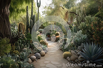 magical desert garden, filled with cacti, succulents, and other hardy flora Stock Photo