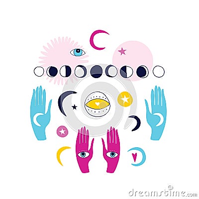 Magical doodle set Hands with esoteric mystic spiritual elements isolated on white background Stock Photo