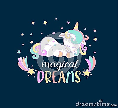 Magical dreams from unicorns. Cartoon Illustration