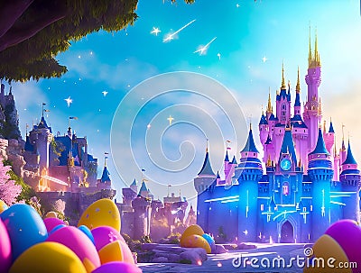 Magical Easter Eggs And Neon Glowing Castle With Shooting Stars In The Sky - AI Generated Illustration Stock Photo