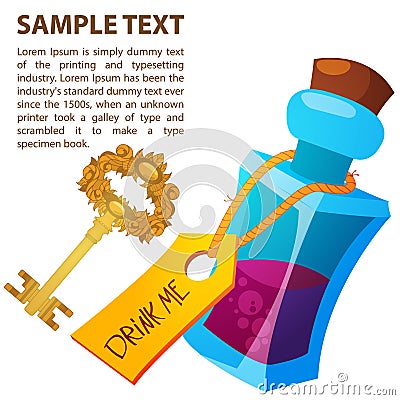 Magical elixir and golden key in a glass bottle. Illustration to the fairy tale Alice`s Adventures in Wonderland Vector Illustration