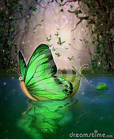 Magical Fairy Wildwood Water Craft Boat Butterfly Shape Stock Photo