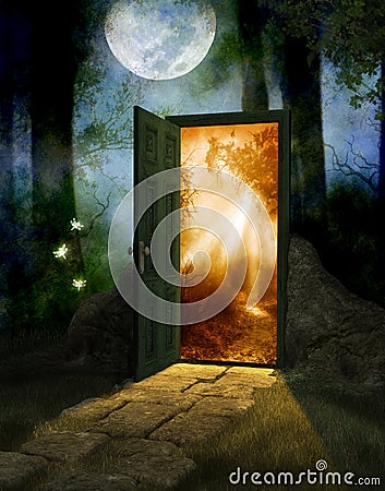 Magical Fairy Wood with Door to New World Stock Photo