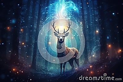 Magical fantasy background with a beautiful deer against the backdrop of a magical forest, golden bokeh, beautiful lighting. Stock Photo