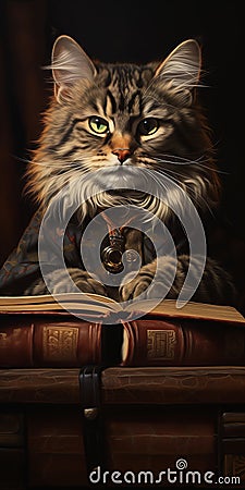 Magical Feline Adventures: A Nerdy Kitten's Quest for Knowledge Stock Photo