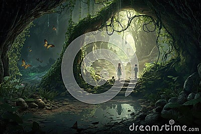magical forest with elves, fairies, and other magical creatures Stock Photo